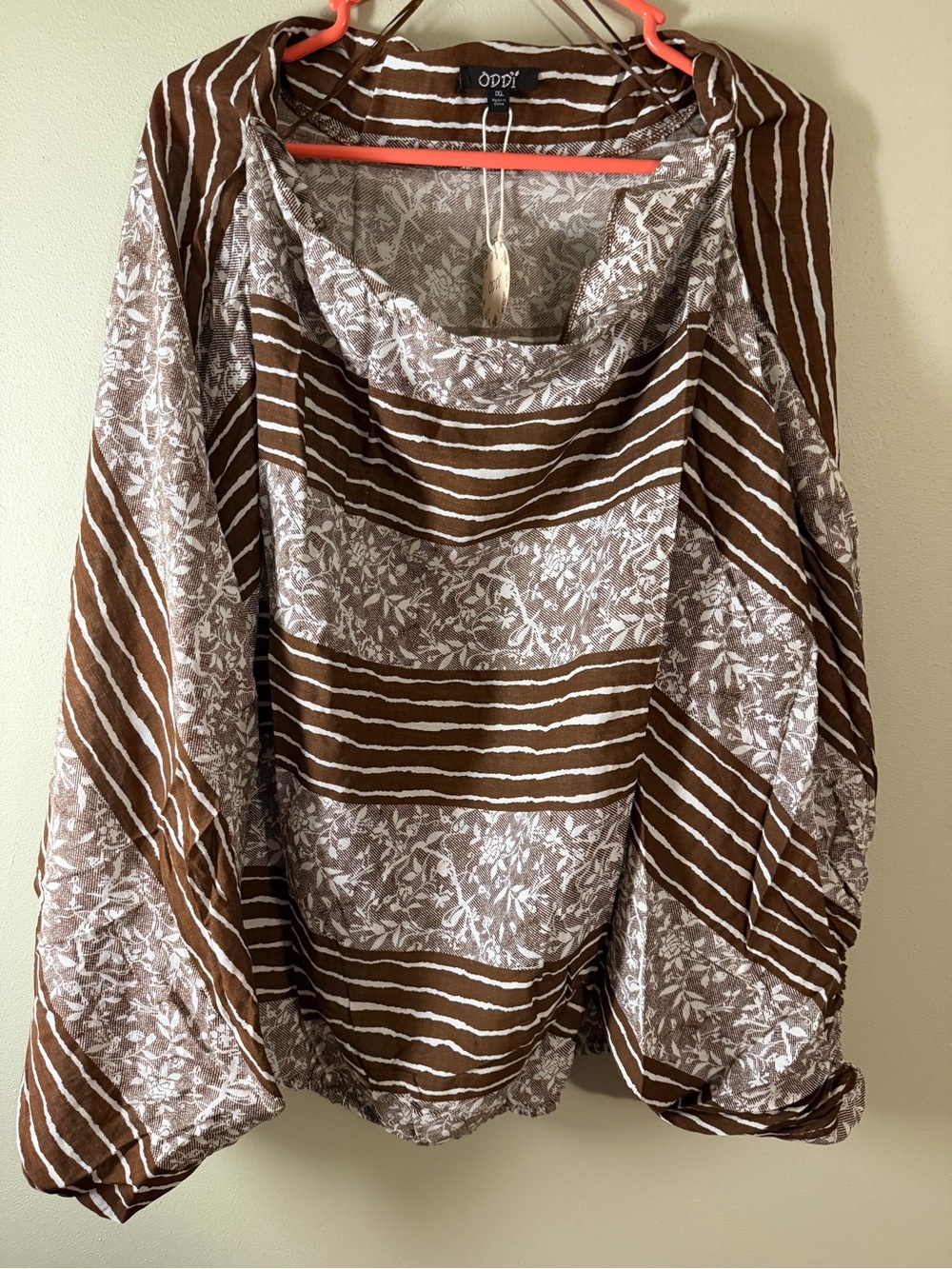 ODDI Brown & White Striped Floral Boat Neck Tunic